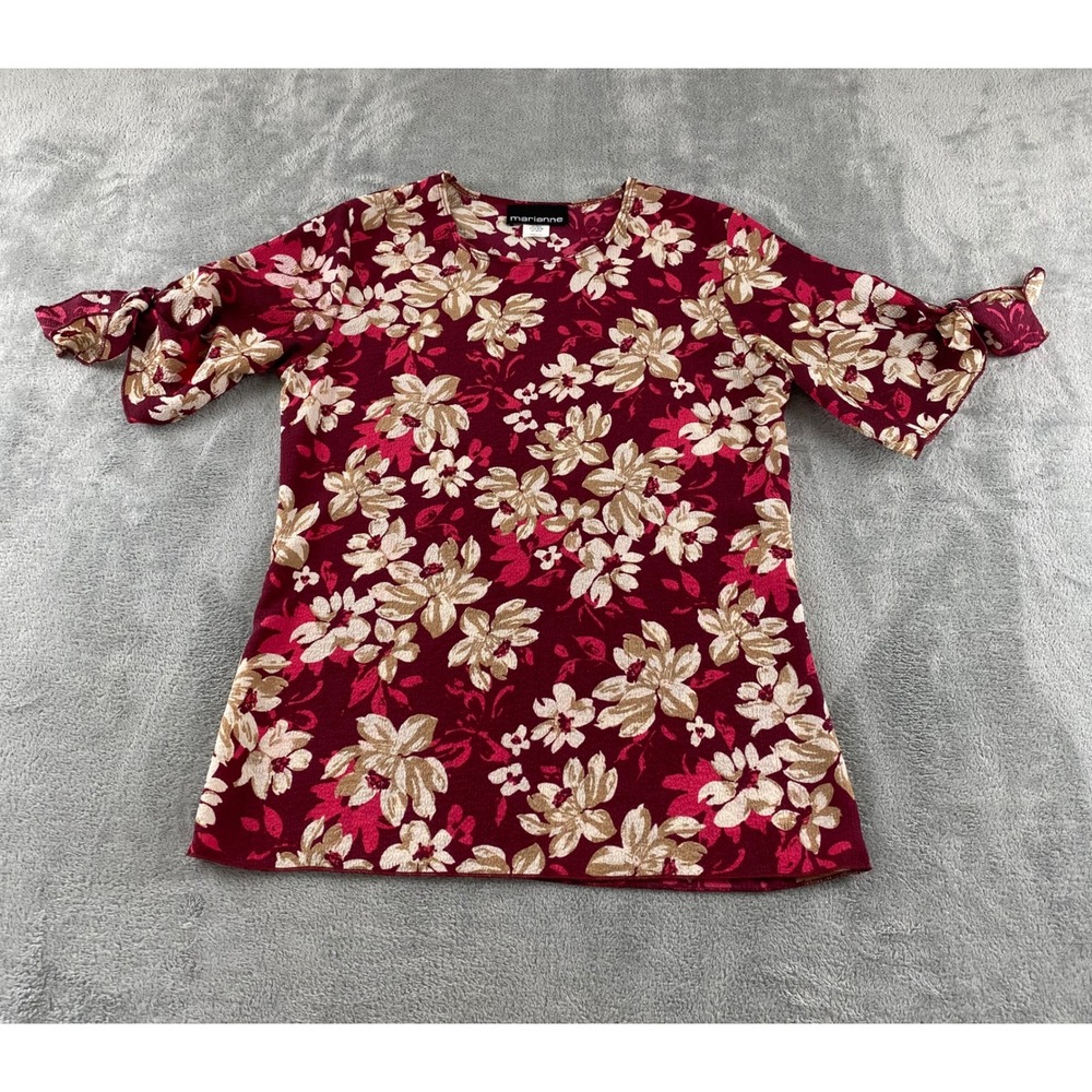 Marianne Womens Floral Tie Sleeve Blouse Burgundy Tan Crew Neck Top Medium 50186